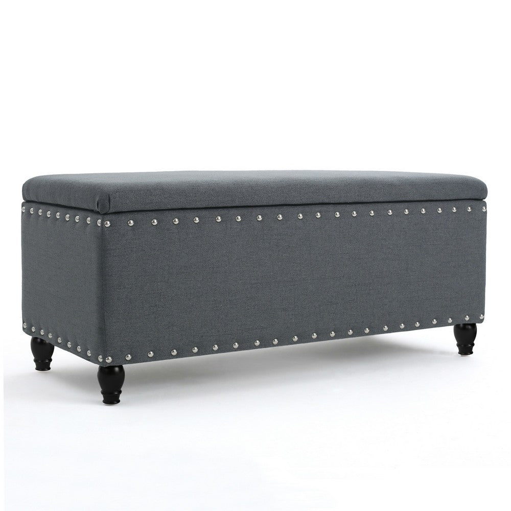 Sharon Storage Ottoman Bench, Dark Gray Fabric, Nailhead Trim, 42 Inch -BM325044