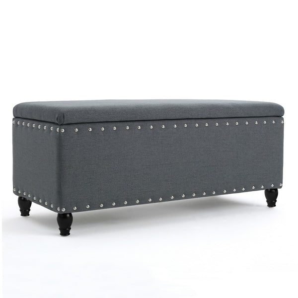 Sharon Storage Ottoman Bench, Dark Gray Fabric, Nailhead Trim, 42 Inch -BM325044