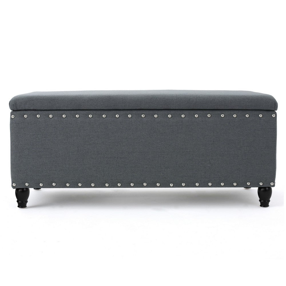 Sharon Storage Ottoman Bench, Dark Gray Fabric, Nailhead Trim, 42 Inch -BM325044