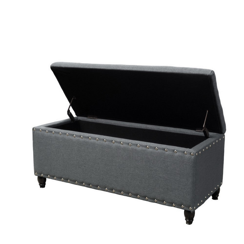 Sharon Storage Ottoman Bench, Dark Gray Fabric, Nailhead Trim, 42 Inch -BM325044