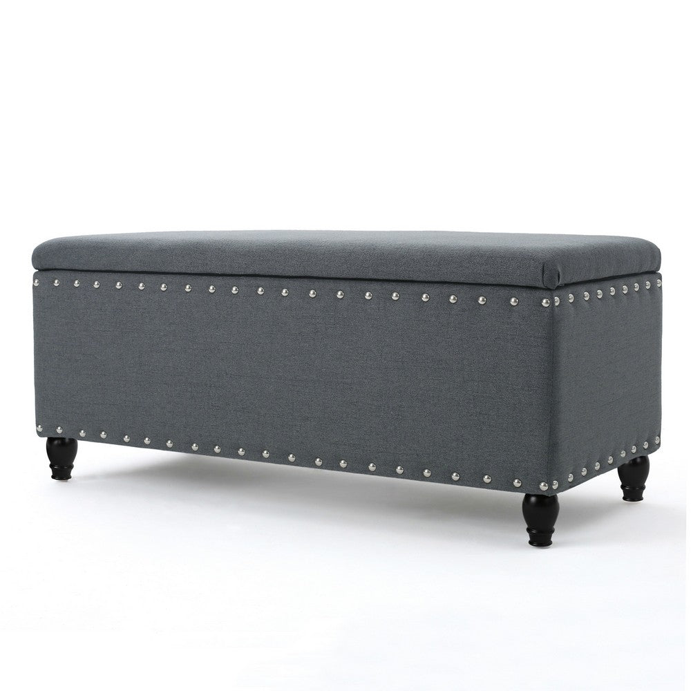 Sharon Storage Ottoman Bench, Dark Gray Fabric, Nailhead Trim, 42 Inch -BM325044