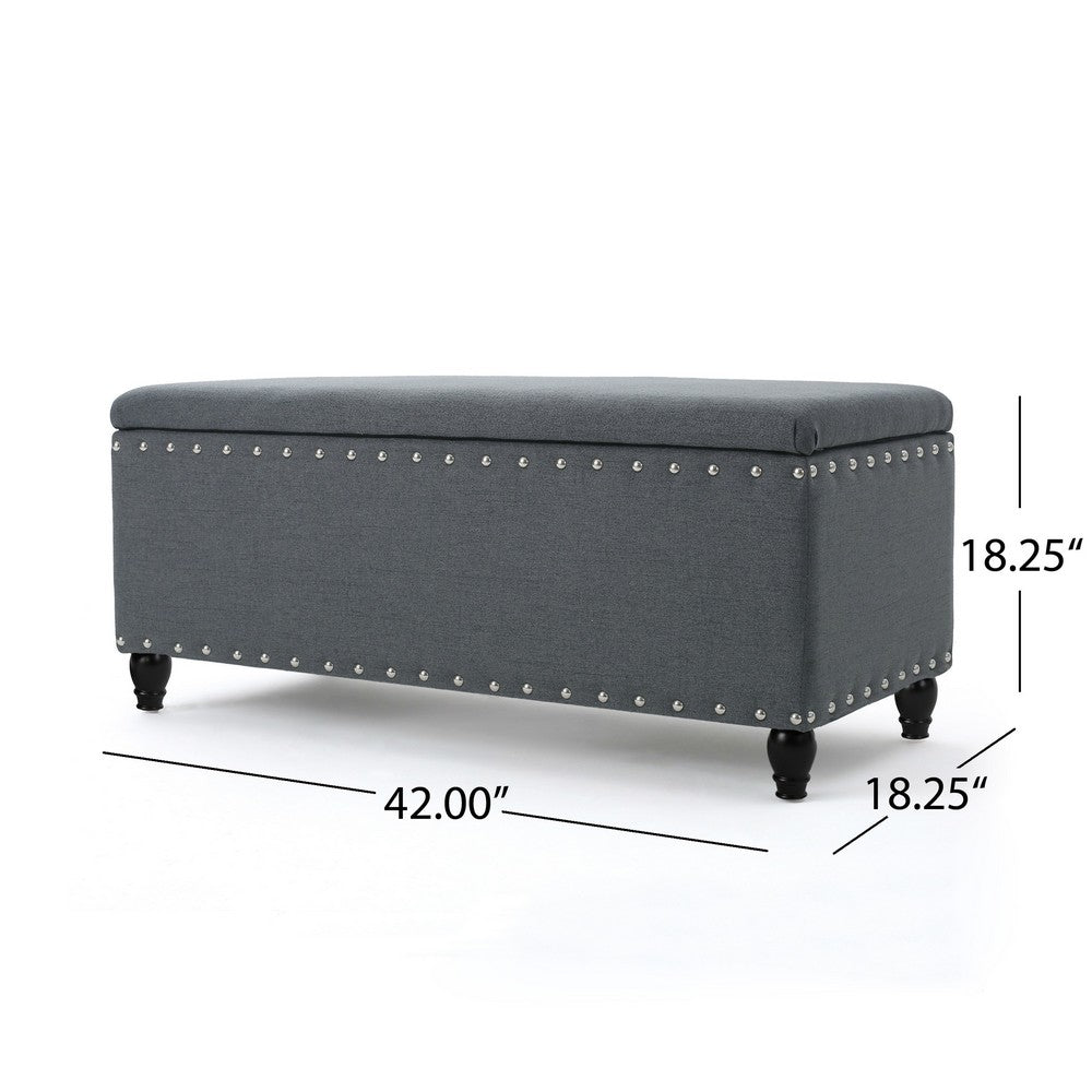 Sharon Storage Ottoman Bench, Dark Gray Fabric, Nailhead Trim, 42 Inch -BM325044