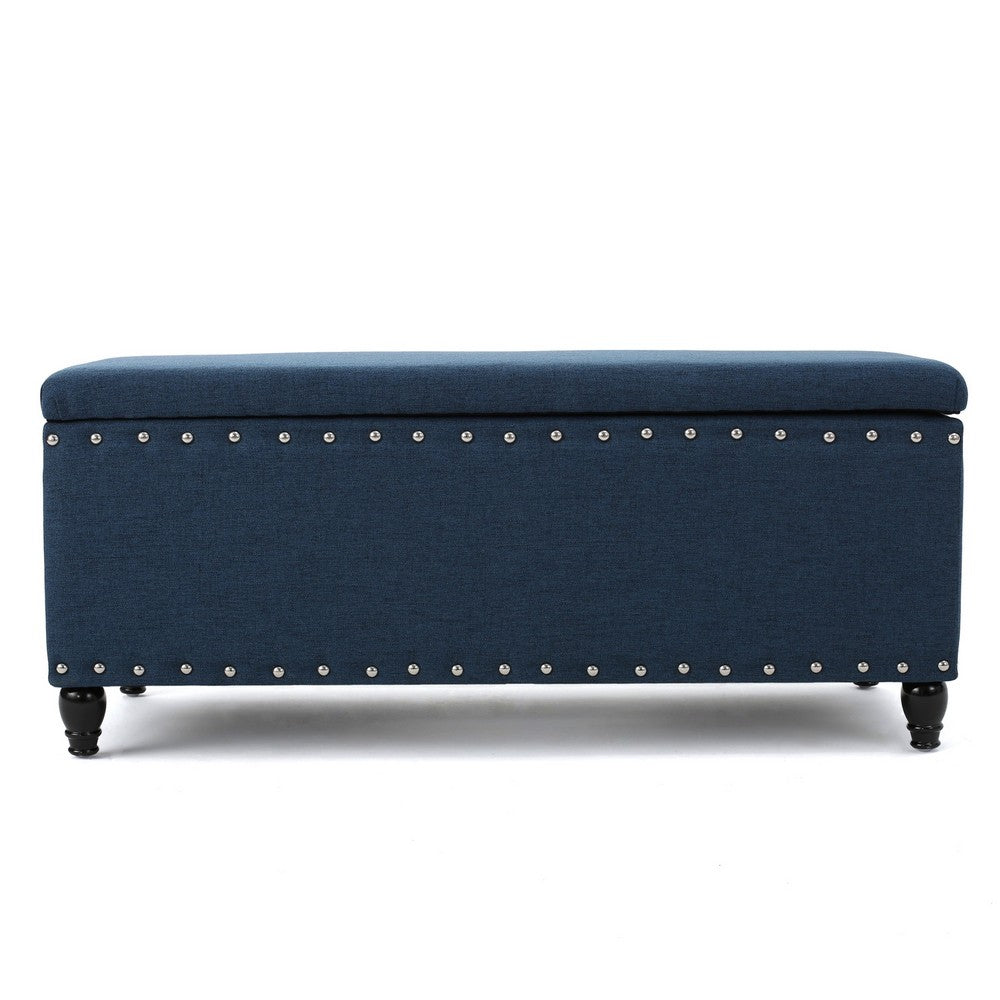 Sharon Storage Ottoman Bench, Navy Blue Fabric, Nailhead Trim, 42 Inch -BM325047