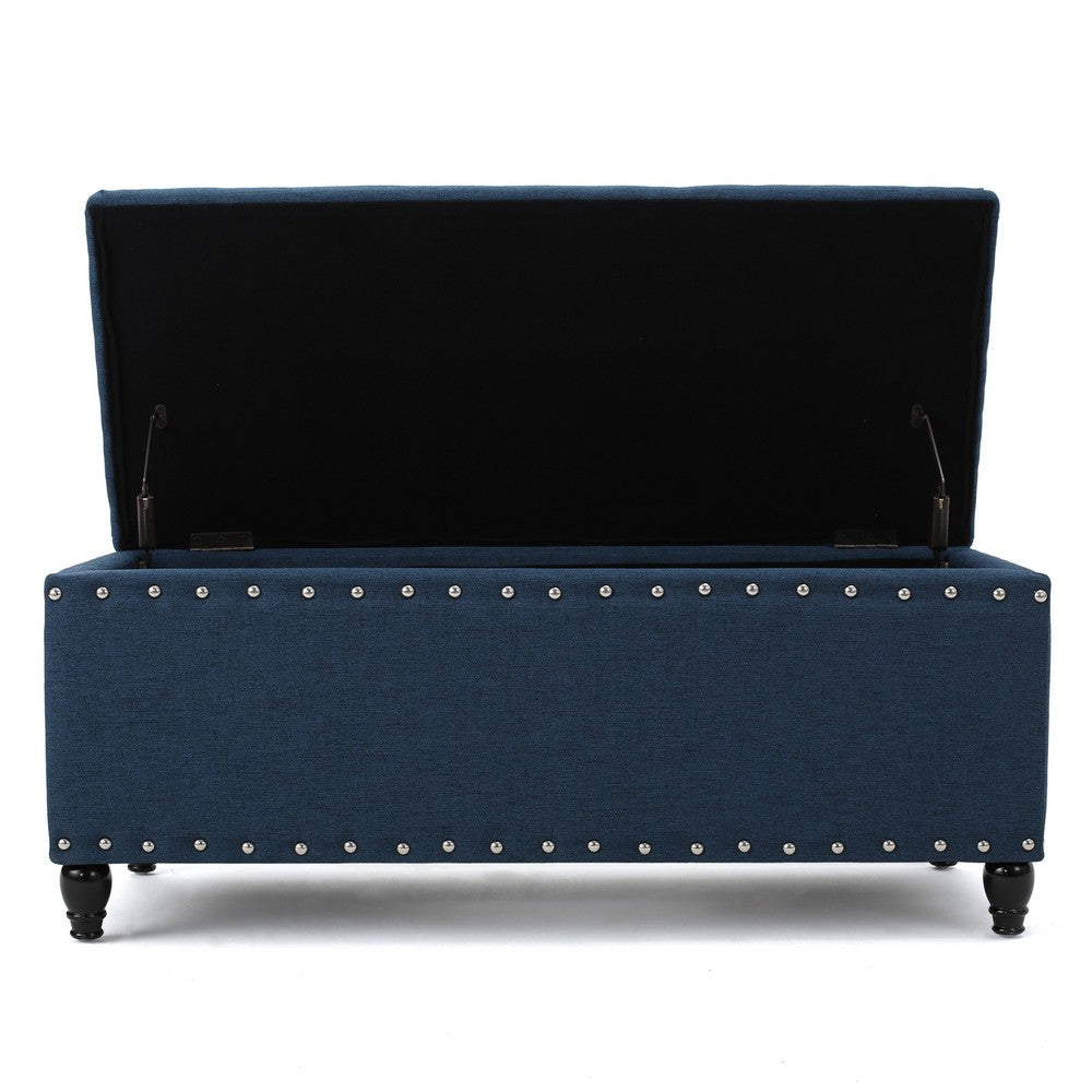 Sharon Storage Ottoman Bench, Navy Blue Fabric, Nailhead Trim, 42 Inch -BM325047