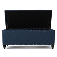 Sharon Storage Ottoman Bench, Navy Blue Fabric, Nailhead Trim, 42 Inch -BM325047