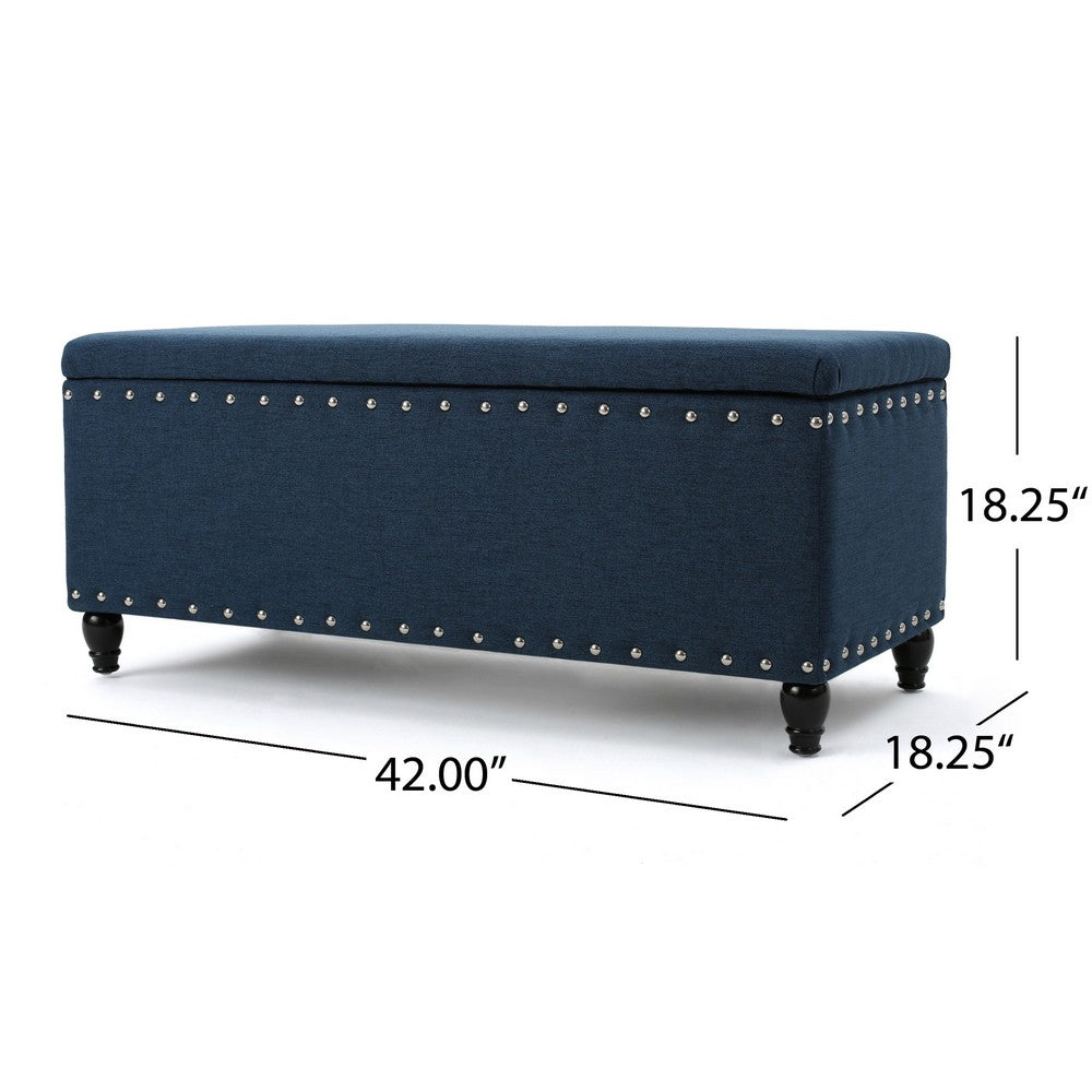 Sharon Storage Ottoman Bench, Navy Blue Fabric, Nailhead Trim, 42 Inch -BM325047