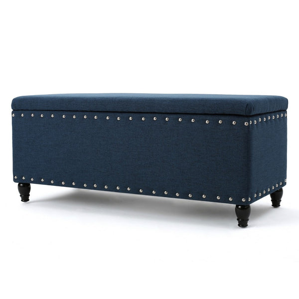 Sharon Storage Ottoman Bench, Navy Blue Fabric, Nailhead Trim, 42 Inch -BM325047