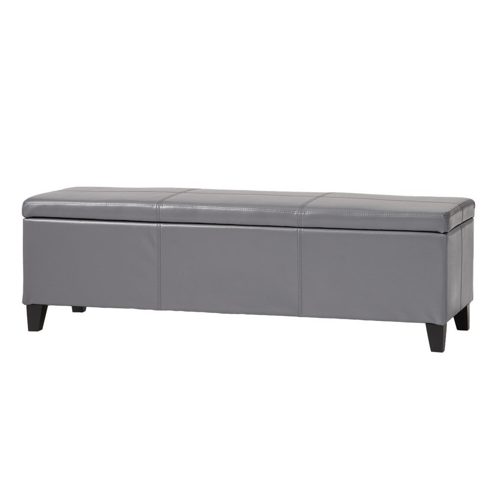 Elias Storage Ottoman Bench, Gray Faux Leather, Stitch Detail, 51 Inch -BM325049