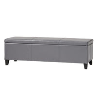 Elias Storage Ottoman Bench, Gray Faux Leather, Stitch Detail, 51 Inch -BM325049