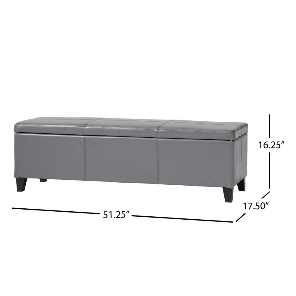 Elias Storage Ottoman Bench, Gray Faux Leather, Stitch Detail, 51 Inch -BM325049
