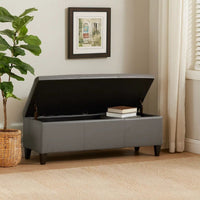 Elias Storage Ottoman Bench, Gray Faux Leather, Stitch Detail, 51 Inch -BM325049