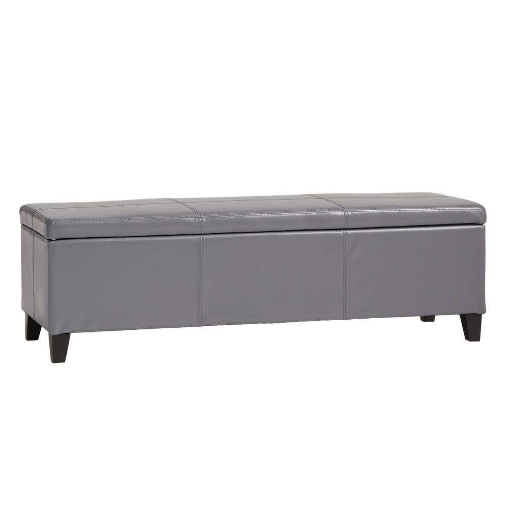 Elias Storage Ottoman Bench, Gray Faux Leather, Stitch Detail, 51 Inch -BM325049