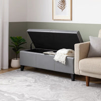 Elias Storage Ottoman Bench, Gray Faux Leather, Stitch Detail, 51 Inch -BM325049