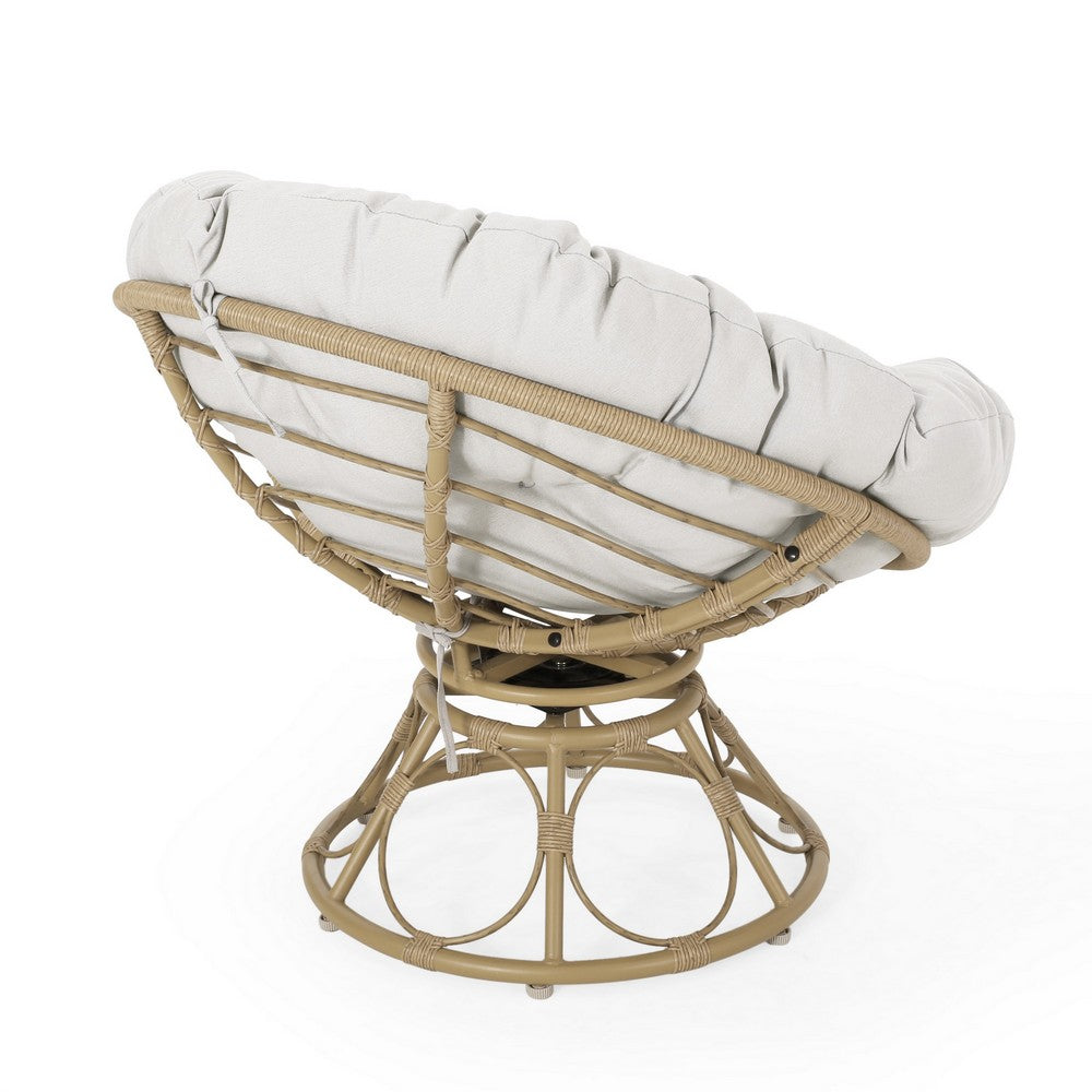 Leos Swivel Outdoor Chair, Soft Gray Polyester Cushion, Brown Rattan -BM325052