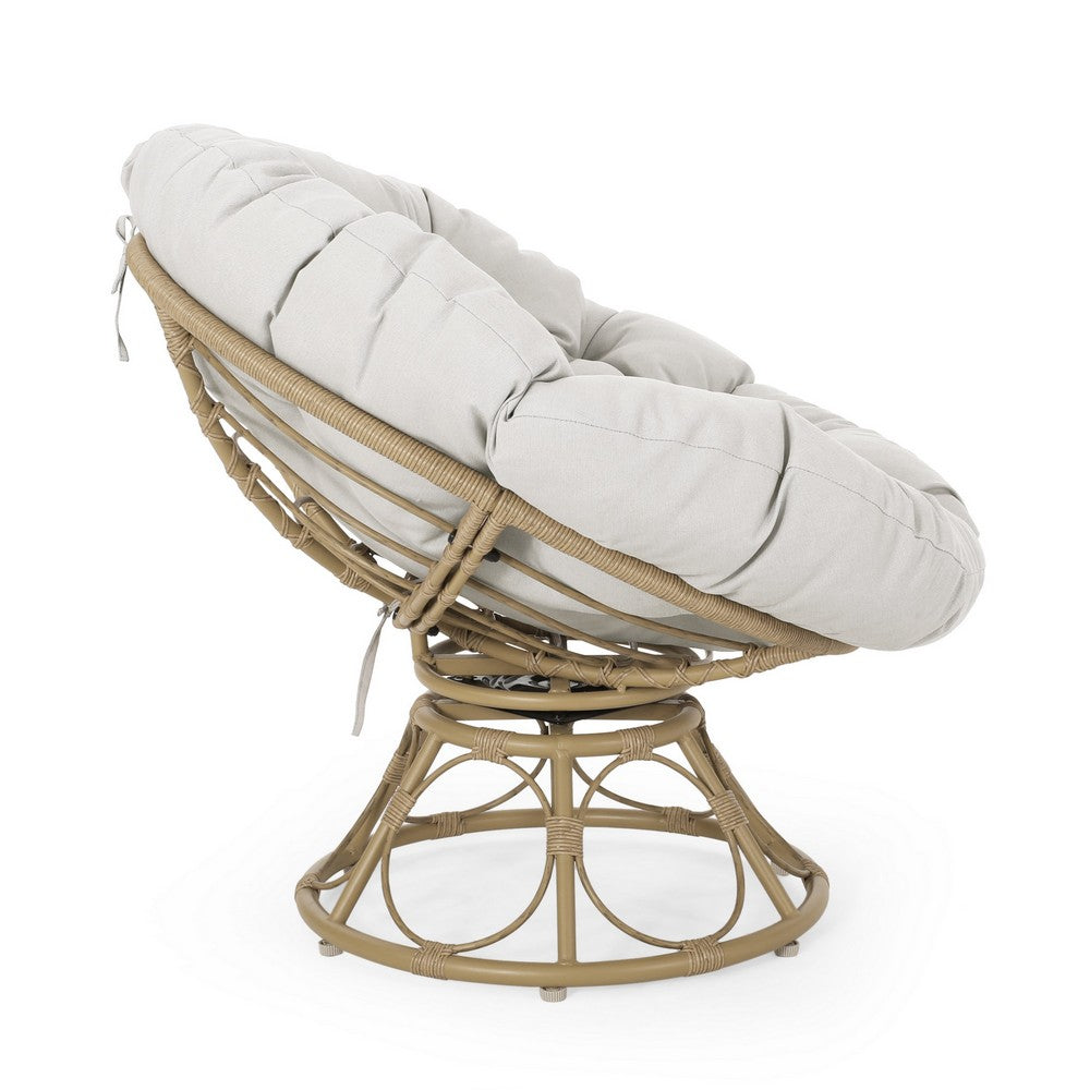 Leos Swivel Outdoor Chair, Soft Gray Polyester Cushion, Brown Rattan -BM325052