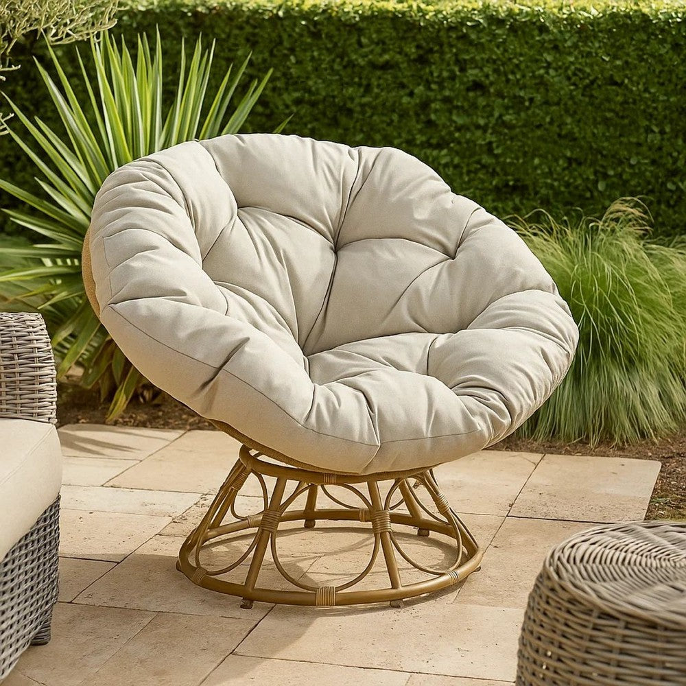 Leos Swivel Outdoor Chair, Soft Gray Polyester Cushion, Brown Rattan -BM325052