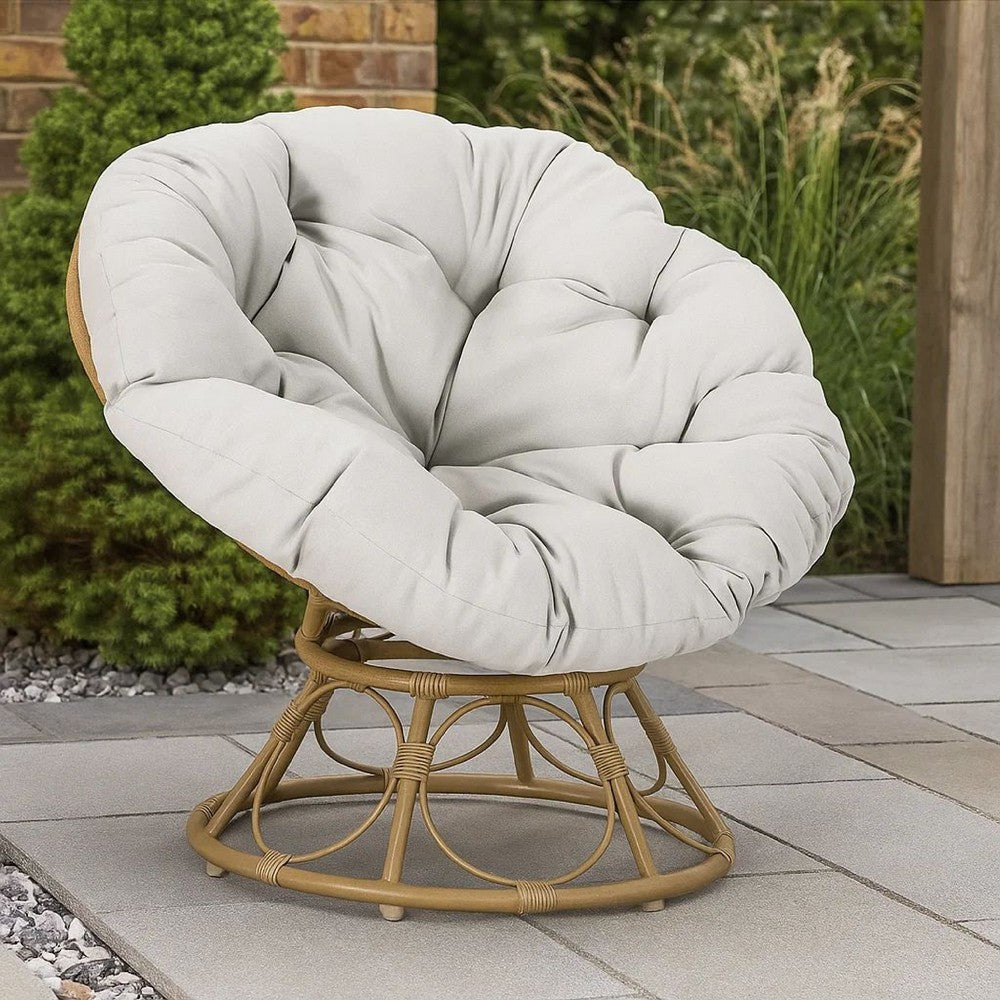 Leos Swivel Outdoor Chair, Soft Gray Polyester Cushion, Brown Rattan -BM325052