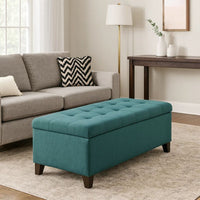 Nira Storage Ottoman Bench, Button Tufted Teal Blue Fabric, 51 Inch -BM325053