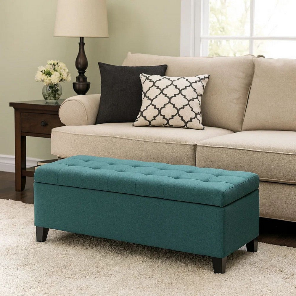 Nira Storage Ottoman Bench, Button Tufted Teal Blue Fabric, 51 Inch -BM325053