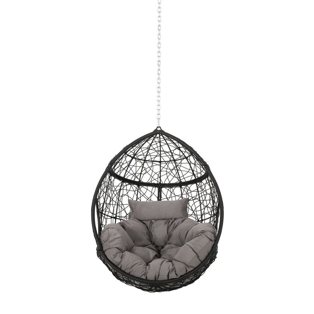 Castic Outdoor Hanging Chair, 46 Inch Rattan Frame, Black Iron, Gray -BM325063