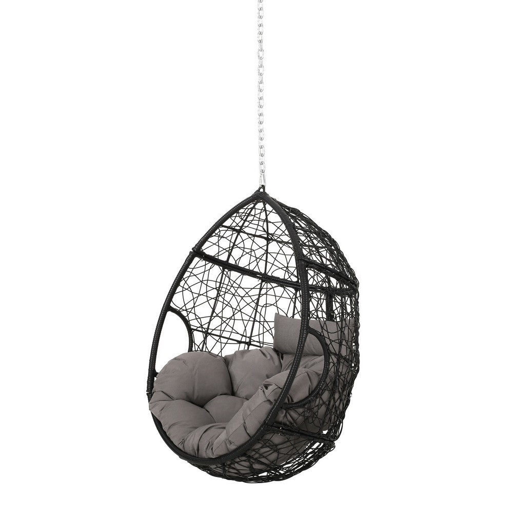 Castic Outdoor Hanging Chair, 46 Inch Rattan Frame, Black Iron, Gray -BM325063