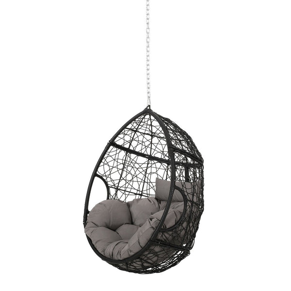 Castic Outdoor Hanging Chair, 46 Inch Rattan Frame, Black Iron, Gray -BM325063
