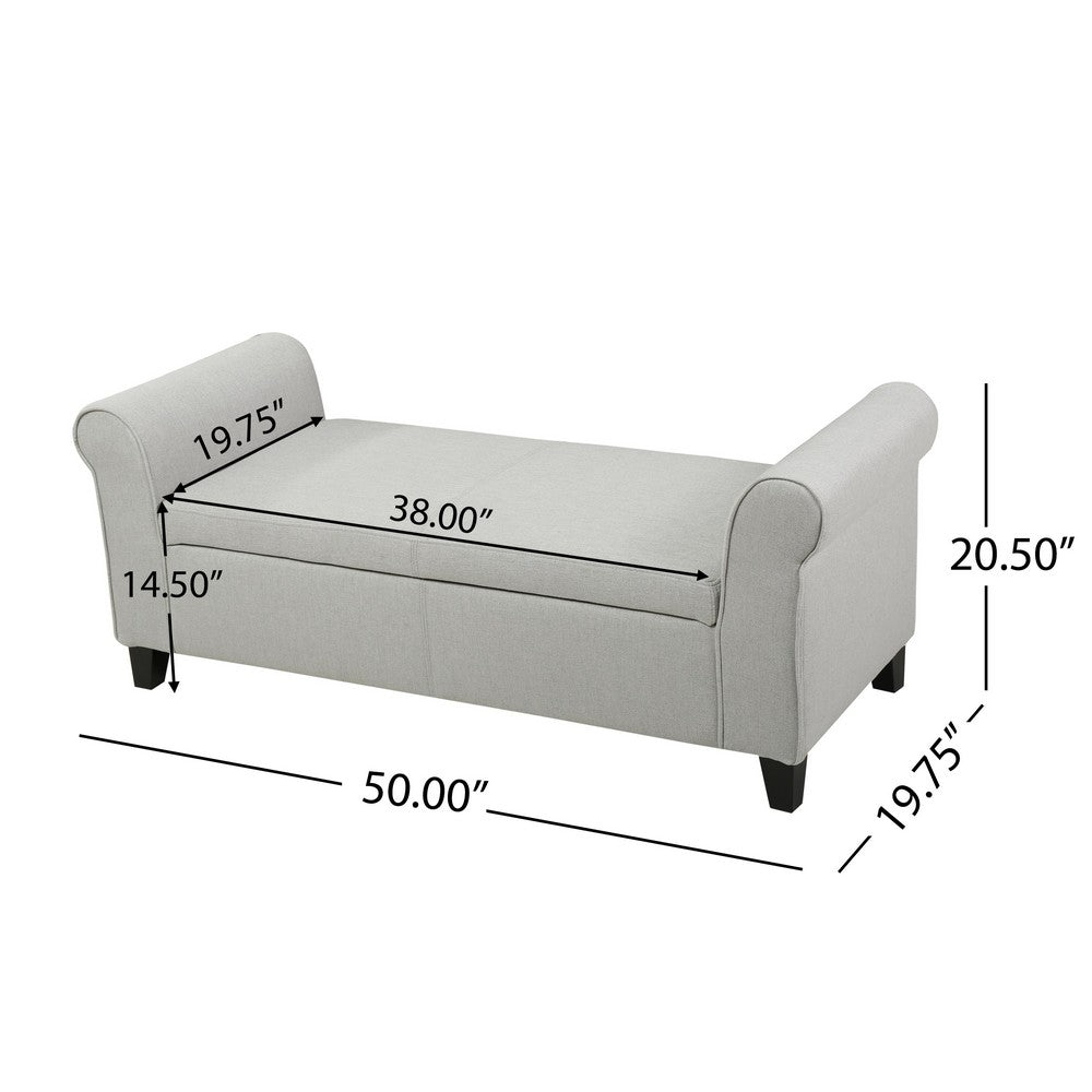Jacob Bench with Rolled Arms, 50 Inch, Lift Storage, Light Gray -BM325065