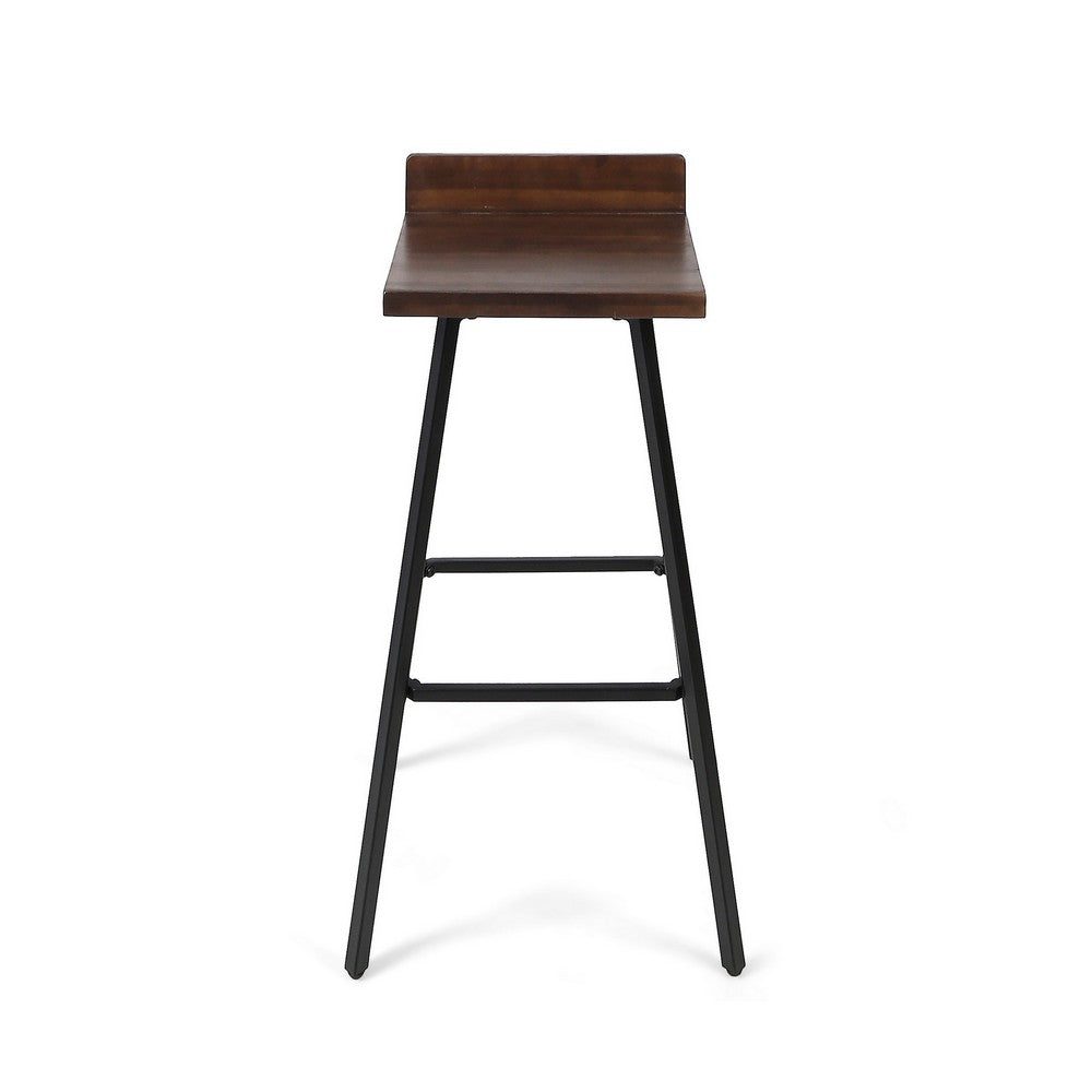 Barstool Chair Set of 2, Brown Acacia Wood, Black Angled Iron Legs - BM325076