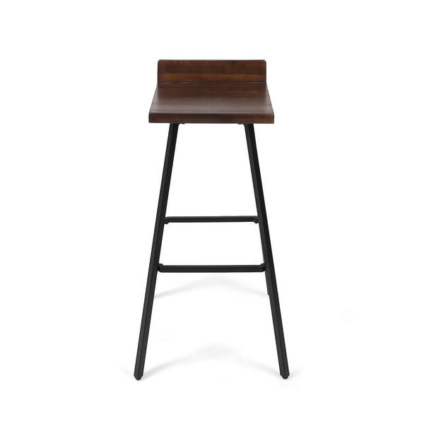 Barstool Chair Set of 2, Brown Acacia Wood, Black Angled Iron Legs - BM325076