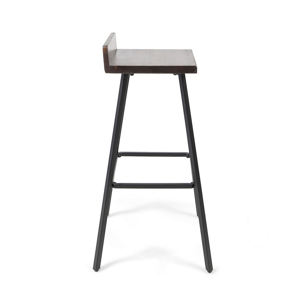 Barstool Chair Set of 2, Brown Acacia Wood, Black Angled Iron Legs - BM325076