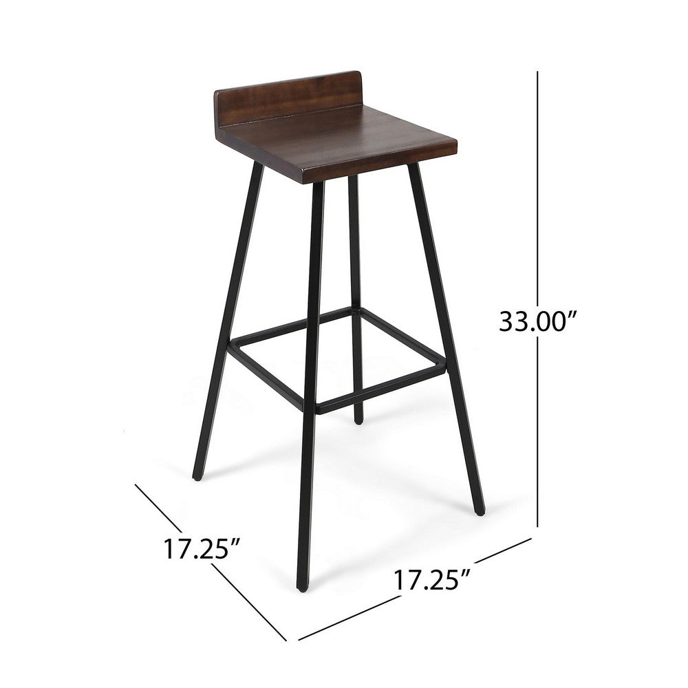 Barstool Chair Set of 2, Brown Acacia Wood, Black Angled Iron Legs - BM325076