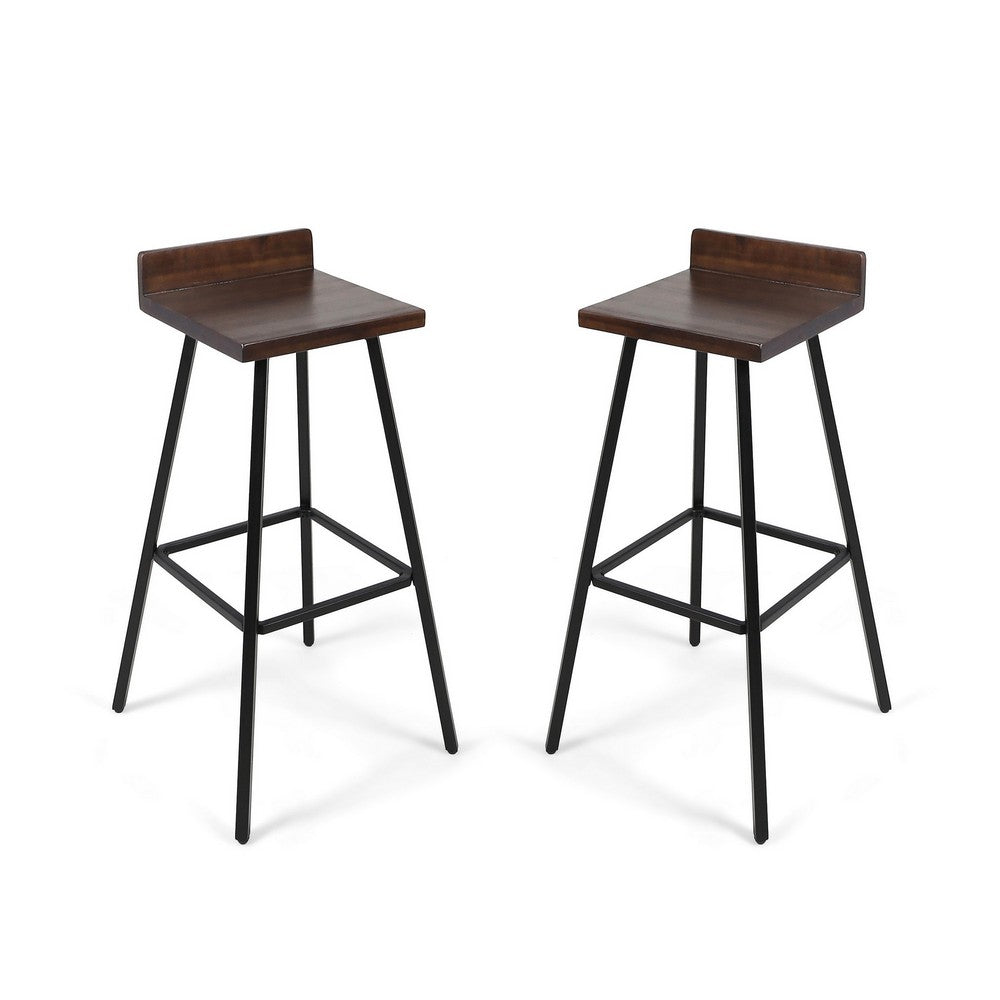 Barstool Chair Set of 2, Brown Acacia Wood, Black Angled Iron Legs - BM325076