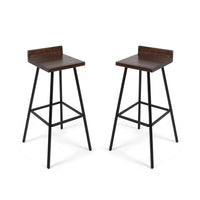 Barstool Chair Set of 2, Brown Acacia Wood, Black Angled Iron Legs - BM325076