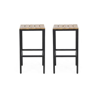 Barstool Set of 2, Straight Legs, Brown Acacia Wood, Black Iron Legs -BM325077