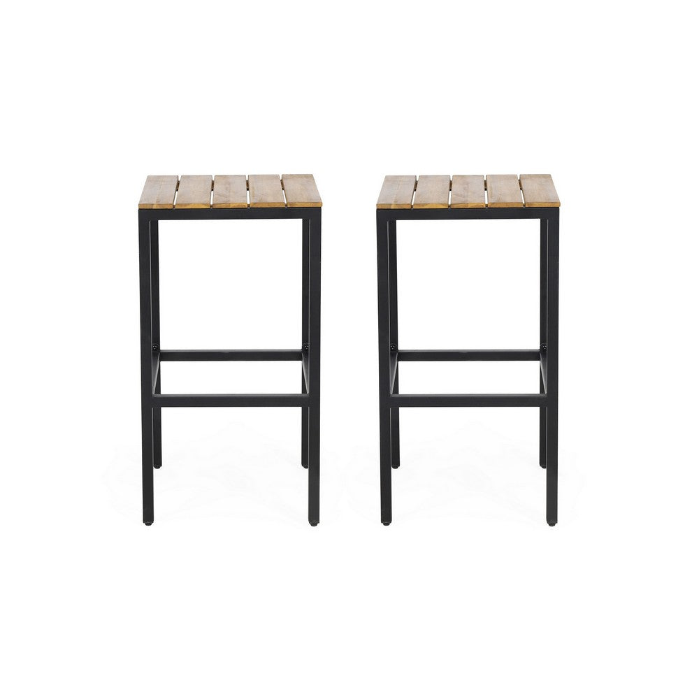 Barstool Set of 2, Straight Legs, Brown Acacia Wood, Black Iron Legs -BM325077