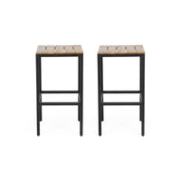 Barstool Set of 2, Straight Legs, Brown Acacia Wood, Black Iron Legs -BM325077