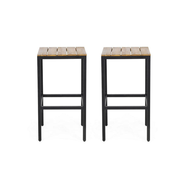 Barstool Set of 2, Straight Legs, Brown Acacia Wood, Black Iron Legs -BM325077