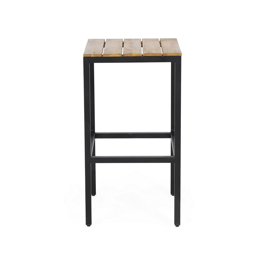 Barstool Set of 2, Straight Legs, Brown Acacia Wood, Black Iron Legs -BM325077