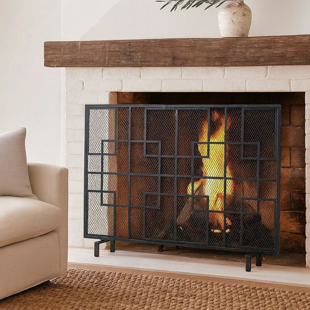 31x41 Fireplace Screen with Mesh, Contemporary Design, Black, Silver  -BM325079