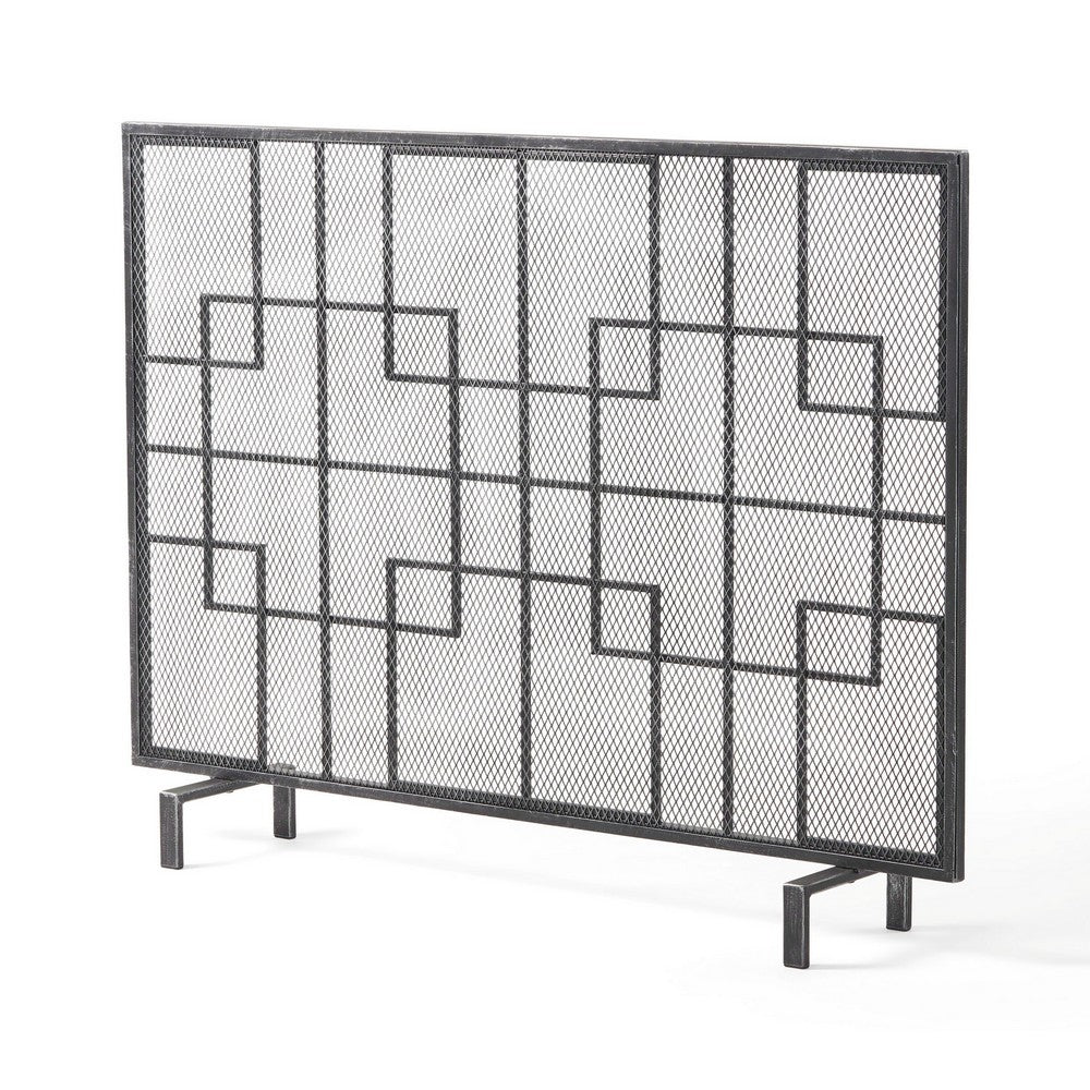 31x41 Fireplace Screen with Mesh, Contemporary Design, Black, Silver  -BM325079