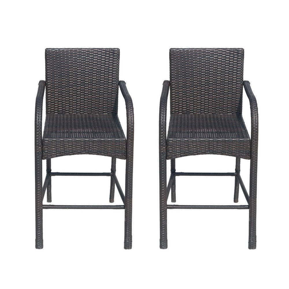 Outdoor Barstool Chair Set of 2, Gray Woven Faux Rattan, Iron Frame -BM325081