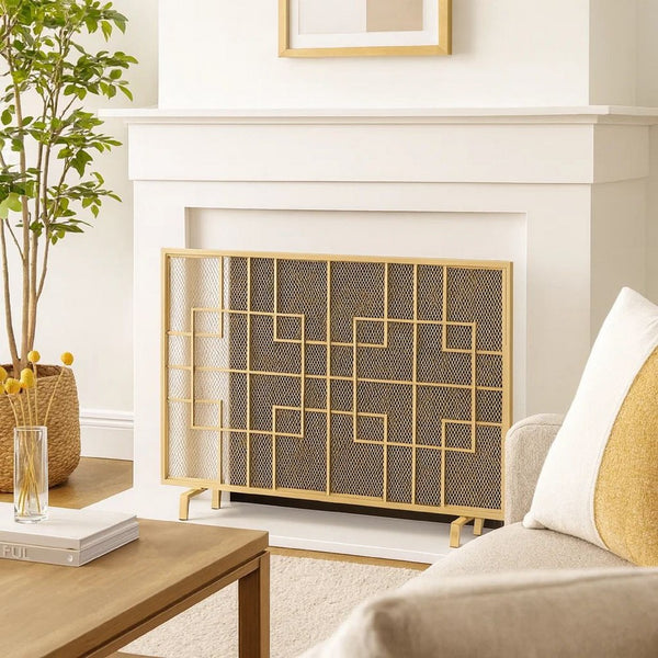 31x41 Fireplace Screen, Overlapping Square Design, Classic Gold Iron -BM325083