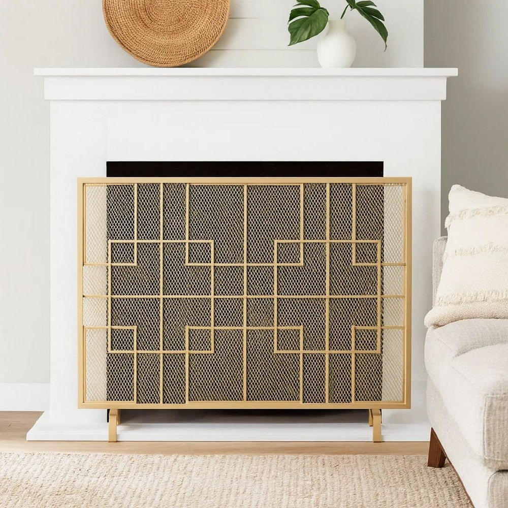 31x41 Fireplace Screen, Overlapping Square Design, Classic Gold Iron -BM325083
