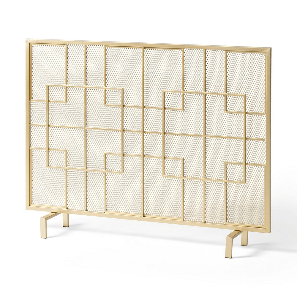 benzara 31x41 Fireplace Screen Overlapping Square Design Classic Gold Iron -BM325083
