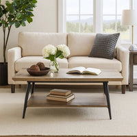 Coffee Table, 43 Inch Top, Black Metal Legs, Taupe Gray Wood Finish -BM325085