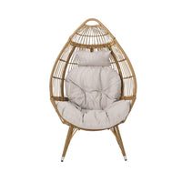Outdoor Accent Chair, Teardrop Cocoon w Beige Pillow, Brown PE Rattan -BM325088