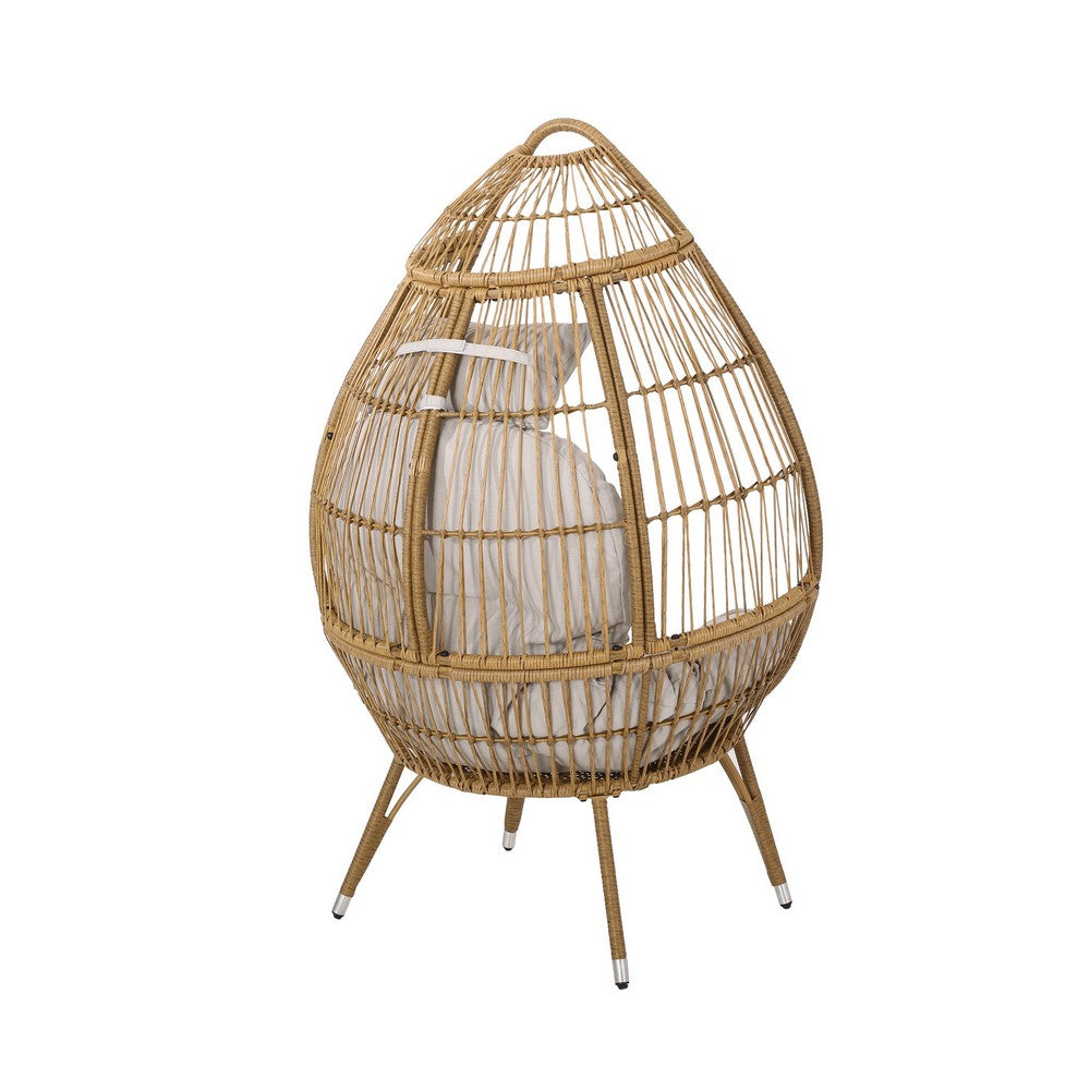Outdoor Accent Chair, Teardrop Cocoon w Beige Pillow, Brown PE Rattan -BM325088