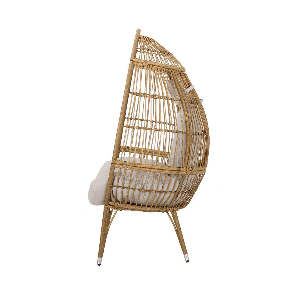Outdoor Accent Chair, Teardrop Cocoon w Beige Pillow, Brown PE Rattan -BM325088