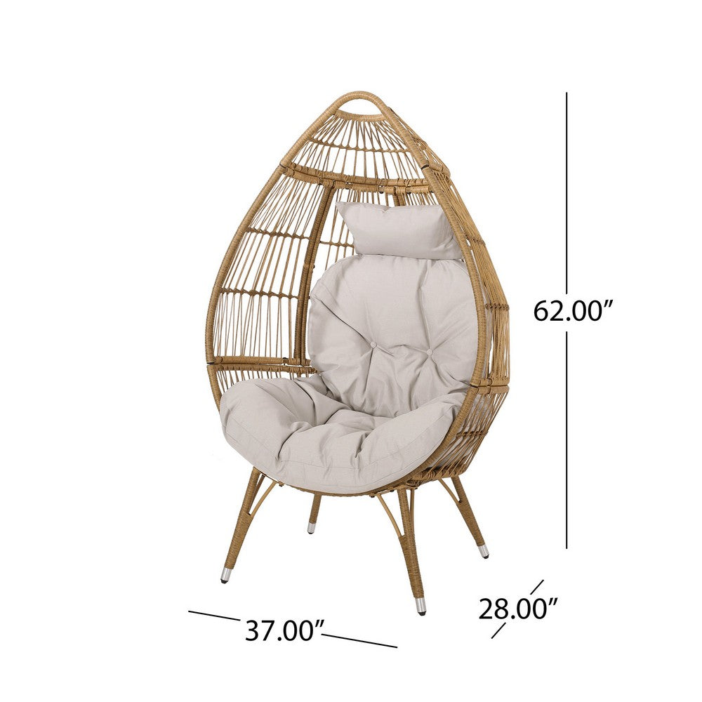 Outdoor Accent Chair, Teardrop Cocoon w Beige Pillow, Brown PE Rattan -BM325088
