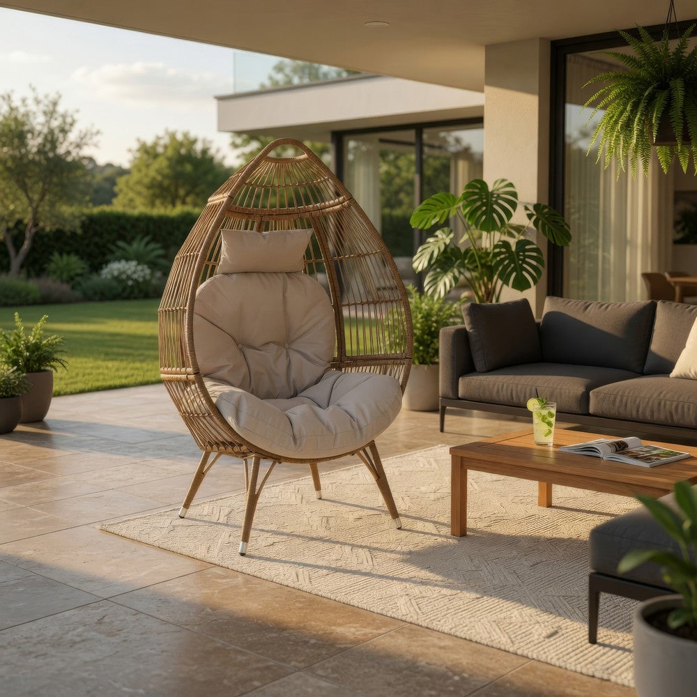 Outdoor Accent Chair, Teardrop Cocoon w Beige Pillow, Brown PE Rattan -BM325088